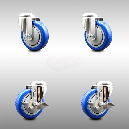 Service Caster 4 Inch 316SS Blue Polyurethane Wheel Swivel Bolt Hole Caster Brakes SCC, 2PK SCC-SS316BH20S414-PPUB-BLUE-2-TLB-2